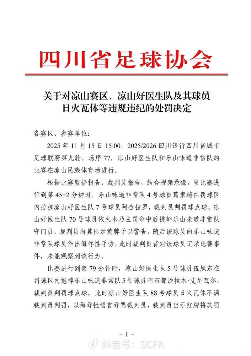 暴力飞踹拳击裁判 “川超”凉山好医生队球员日火瓦体省内禁赛5年